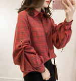 Loose Fit Bell Sleeves Plaid Top