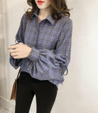 Loose Fit Bell Sleeves Plaid Top