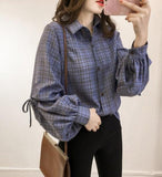 Loose Fit Bell Sleeves Plaid Top