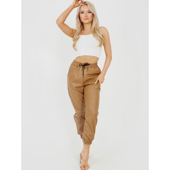 Faux Leather PU Jogger Trousers - Camel